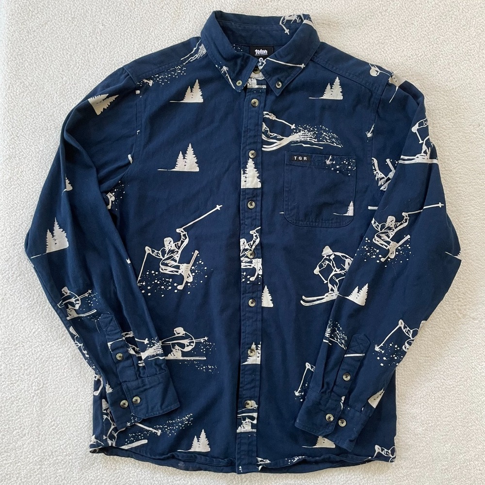 Teton Gravity Research Mens Medium Button‎ Down Shirt Navy Ski Print Long Sleeve